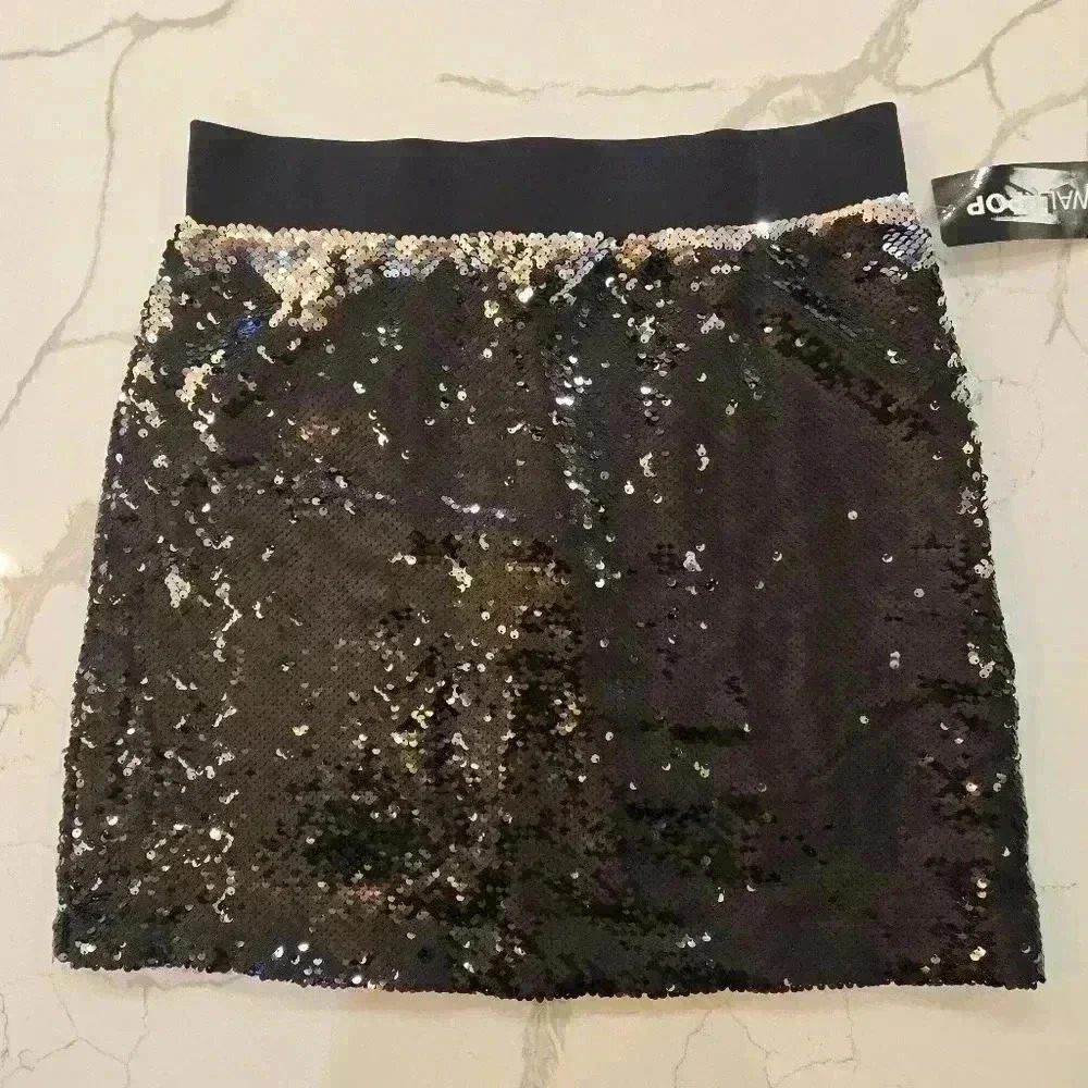 NWT Sequin Stretch Party Mini Skirt Walk Pop Black Siver Womens Size XL